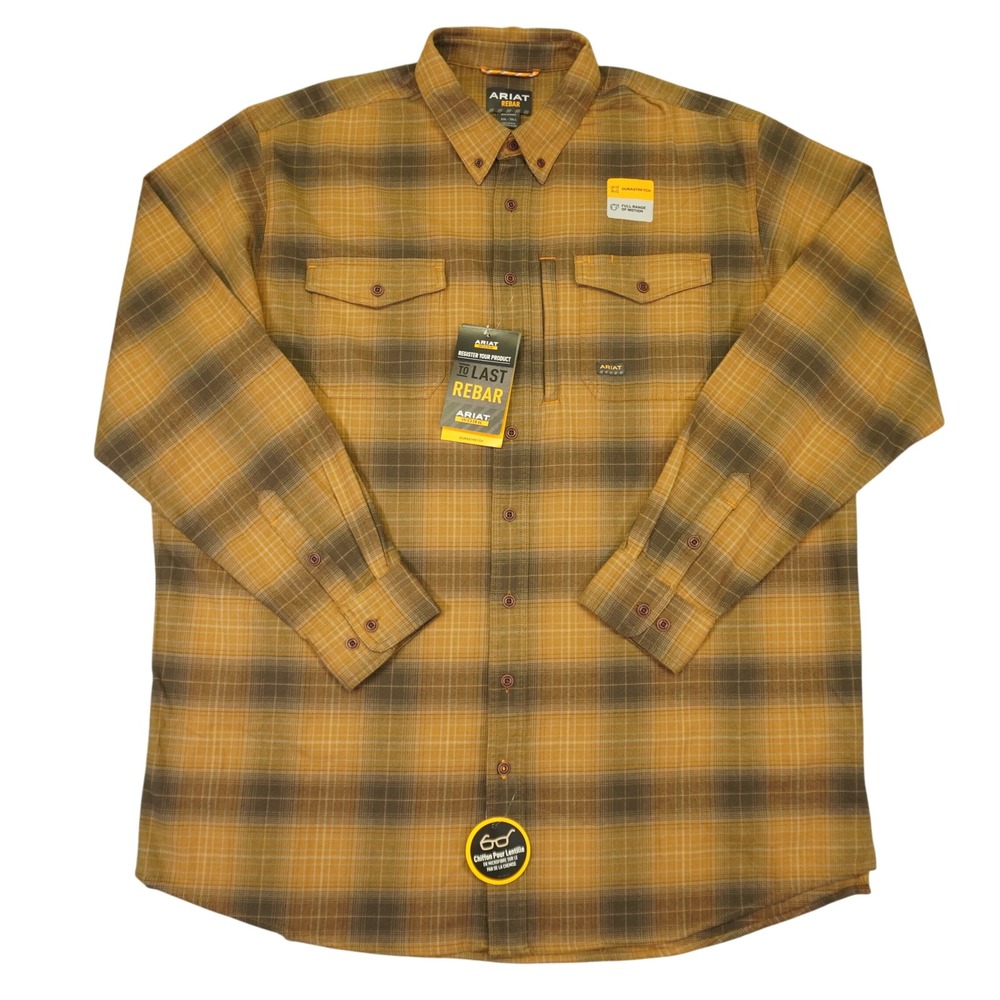 NEW Ariat Rebar Work Shirt Mens XXL Tall Brown Plaid DuraStretch Long Sleeve
